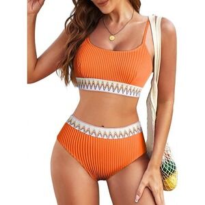 Women's 2-Piece High-Waisted Bikini Set – Scoop‎ Neck, Cheeky Orange XL